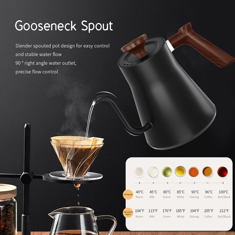 RHD Electric Gooseneck Kettle with LCD Display, Real-Time Temp Control Hot Water Boiler to Pour Over Coffee, Brew Tea, Switchable ℉/℃, 1200 Watt Quick Heating Pot, 0.9L, 304 Stainless Steel,Matt Black - Image 2